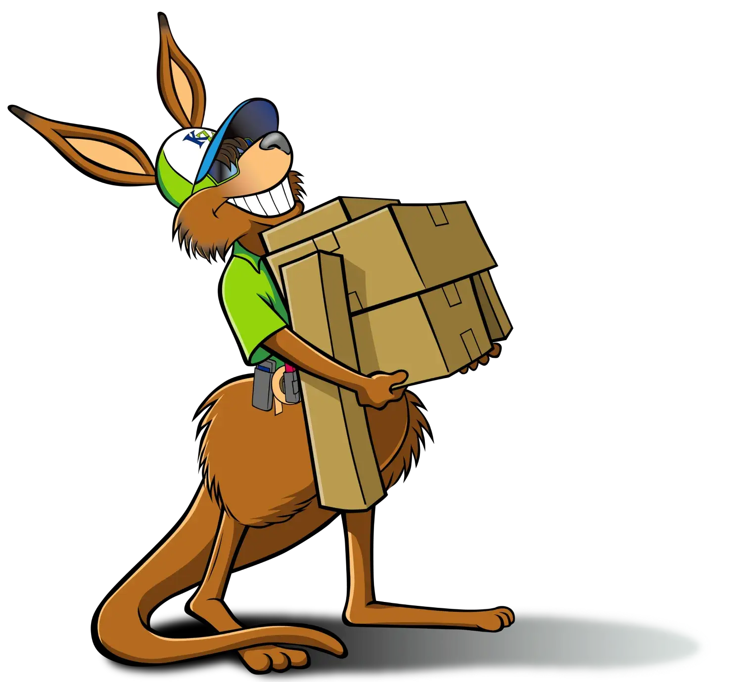 Cartoon kangaroo carrying a stack of boxes.