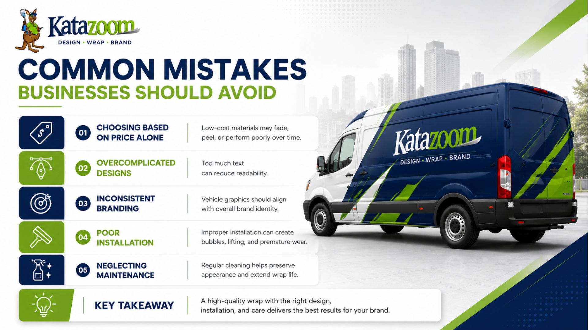 Infographic showing the most common vehicle wrap mistakes businesses should avoid, including choosing low-cost materials, overcomplicated designs, inconsistent branding, poor installation, and neglecting vehicle wrap maintenance.