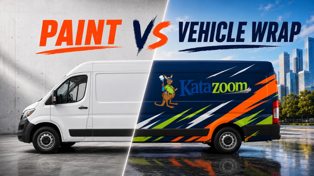 Side-by-side comparison of a plain painted commercial van and a custom wrapped commercial van, highlighting the difference between traditional paint and a professional vehicle wrap for business branding.
