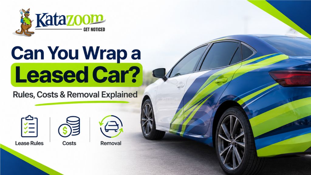 Featured image showing a professionally wrapped leased car with graphics highlighting lease rules, wrap costs, and removal information.