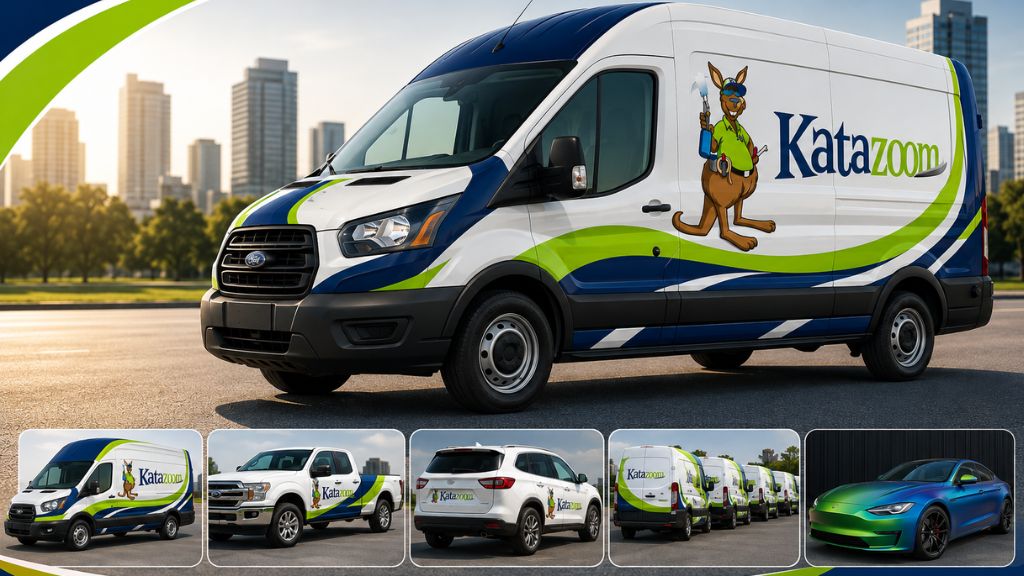 Branded Katazoom cargo van showcasing a custom vehicle wrap with examples of full wraps, partial wraps, fleet wraps, and specialty vehicle wrap designs.