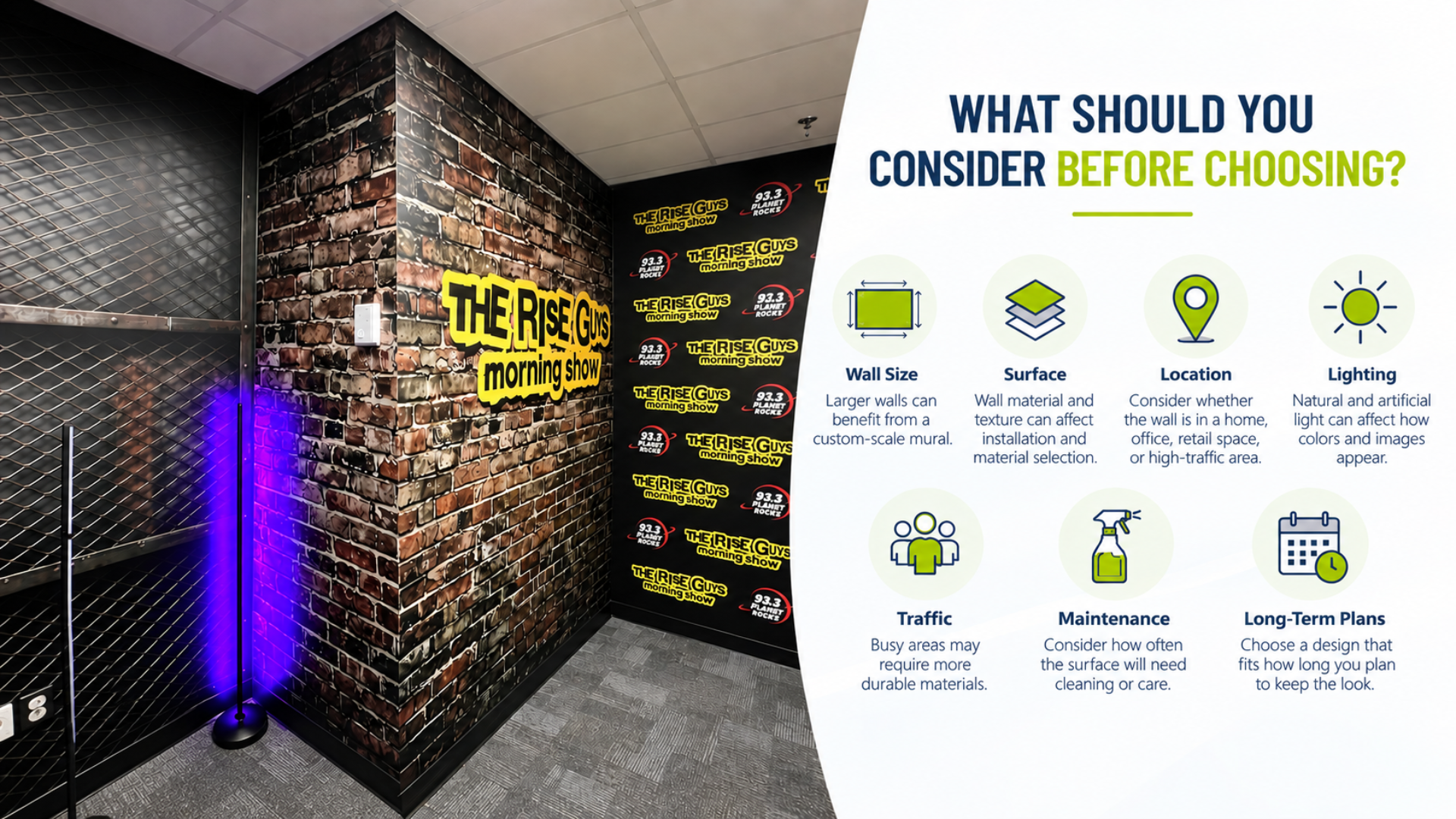 Branded office wall mural with an infographic highlighting key factors to consider when choosing a wall mural