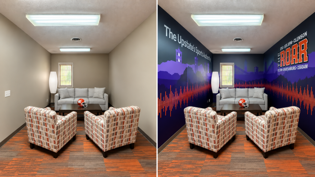 Wall murals vs wallpaper comparison in a modern commercial lounge interior.