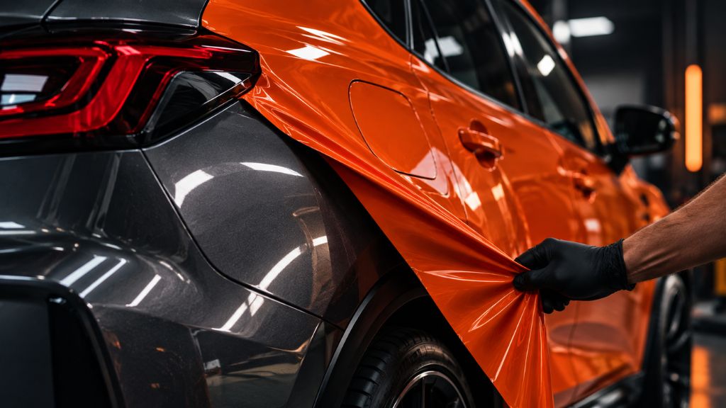 Vinyl wrap being removed from a car to reveal the original paint underneath, illustrating how proper wrap removal can protect car paint.