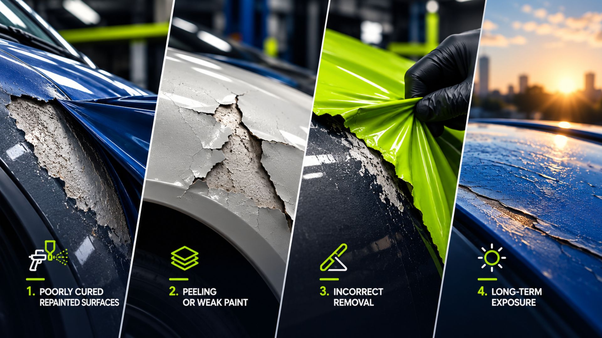 Four common causes of paint damage during vinyl wrap removal, including poorly cured paint, peeling paint, incorrect removal, and long-term exposure.